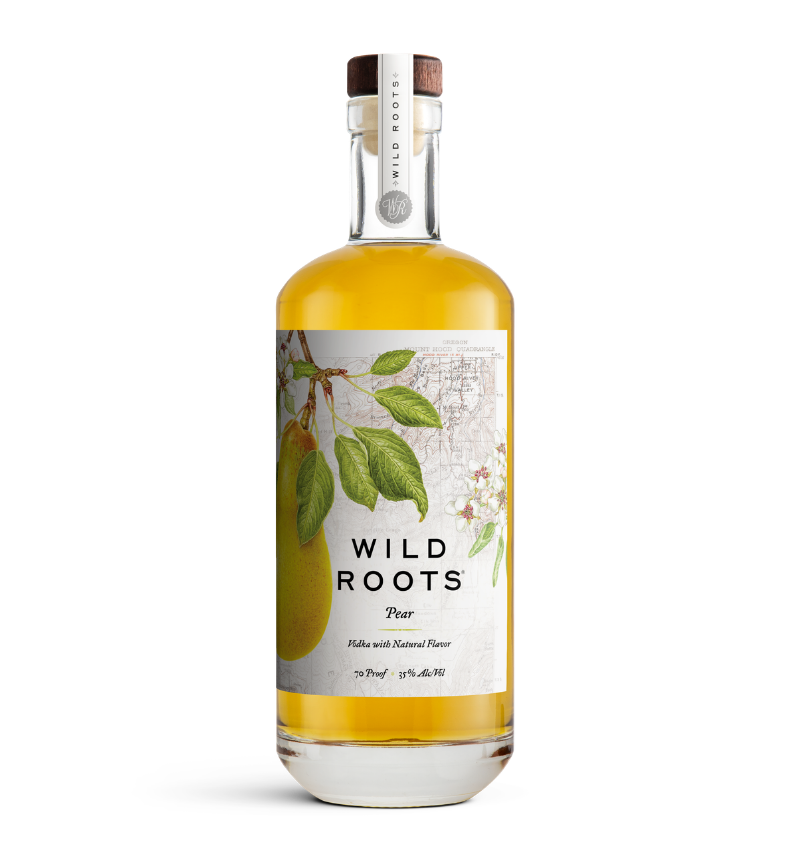 Bottle of Wild Roots Pear vodka on a white background