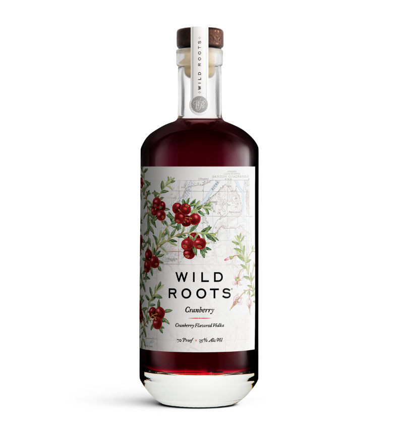 Bottle of Wild Roots Cranberry vodka on a white background