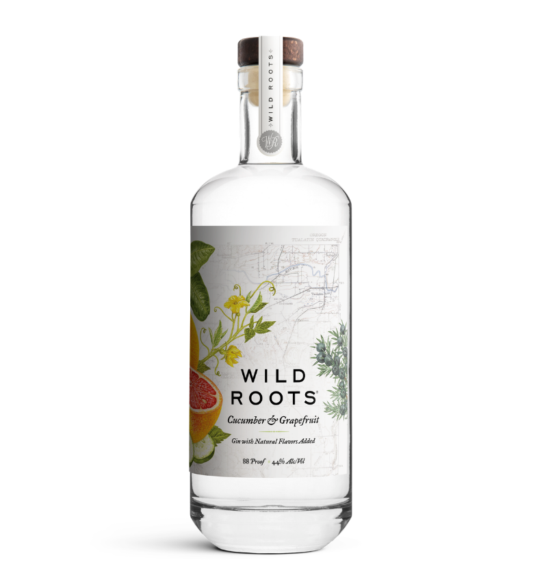 Bottle of Wild Roots cucumber and grapefruit gin on a white background