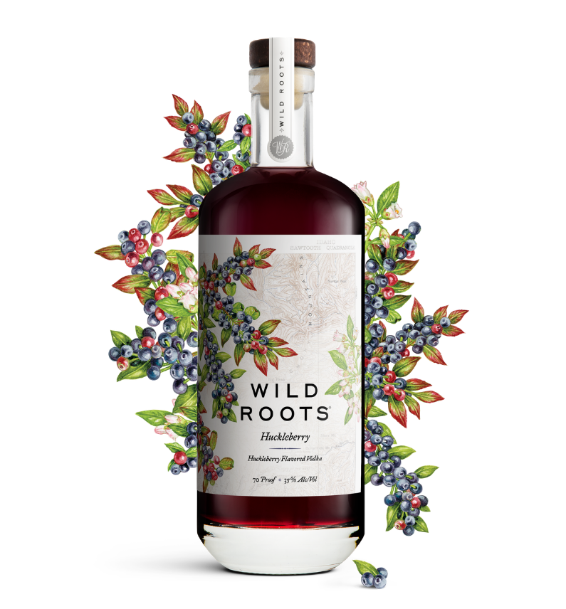 Bottle of Wild Roots Huckleberry vodka with a decorative arrangement of berries on a white background