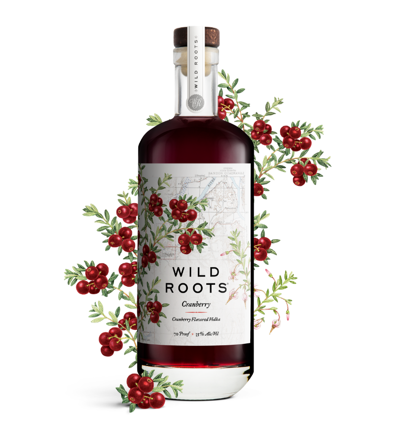 Bottle of Wild Roots Cranberry vodka with cranberry illustrations on a white background