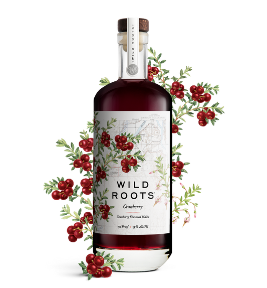 Bottle of Wild Roots Cranberry vodka with cranberry illustrations on a white background