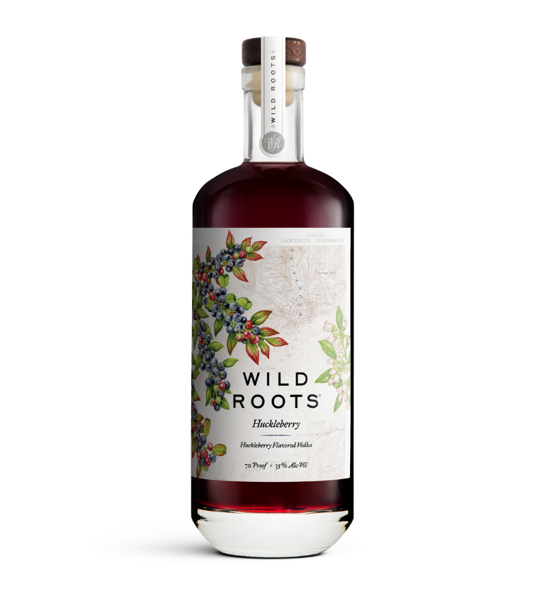 Bottle of Wild Roots Huckleberry vodka on a white background