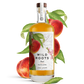 Bottle of Wild Roots Peach vodka with peaches and leaves on a white background