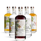 Five bottles of Wild Roots gin and vodka with colorful labels on a white background