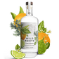 Bottle of Wild Roots Orange & Bergamot gin with botanicals on a white background