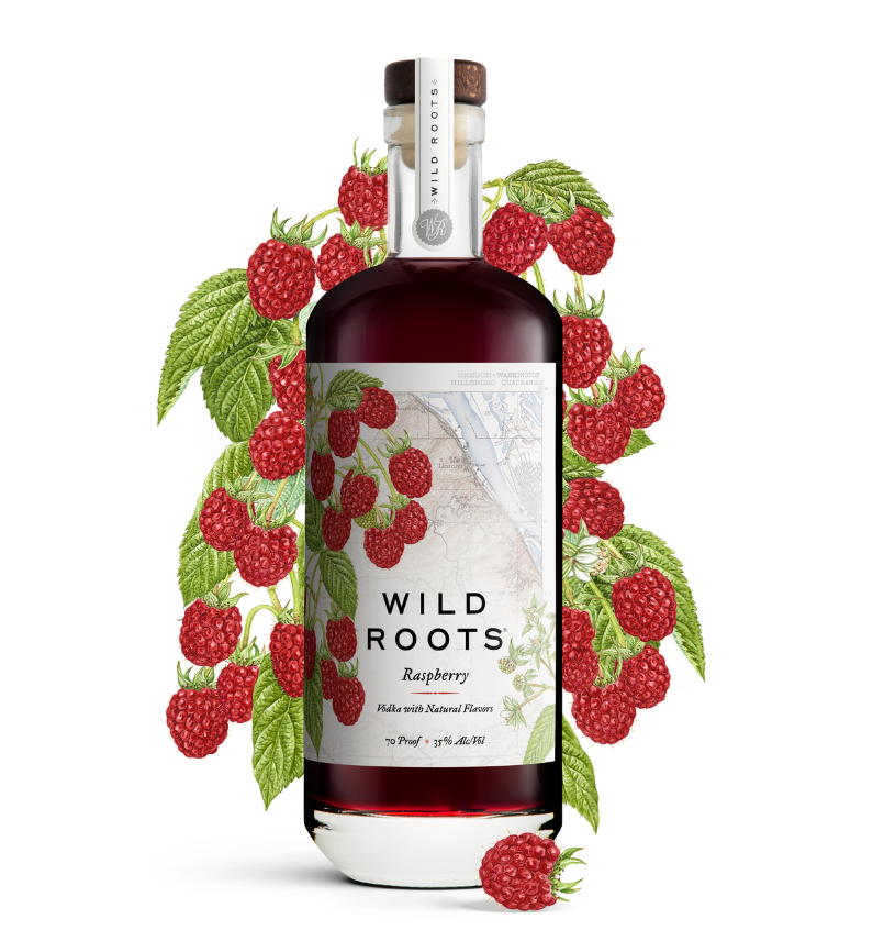 Bottle of Wild Roots Raspberry Vodka with raspberry illustrations on a white background