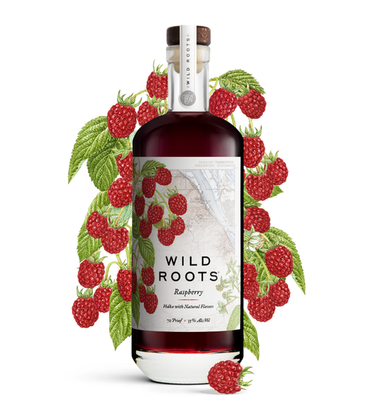 Bottle of Wild Roots Raspberry Vodka with raspberry illustrations on a white background