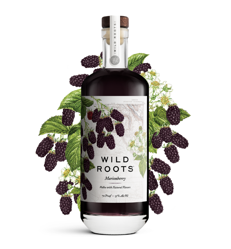 Bottle of Wild Roots Marionberry vodka with marionberries and green leaves on a white background