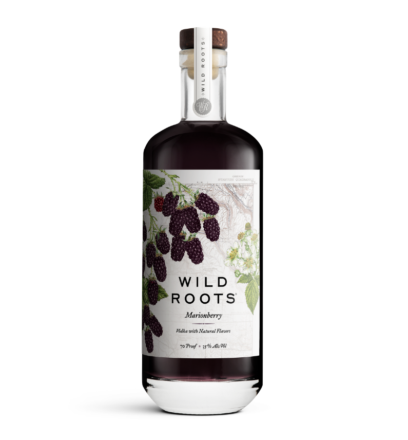 Bottle of Wild Roots Marionberry vodka on a white background