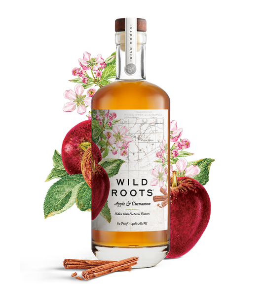 Bottle of Wild Roots Apple & Cinnamon Vodka with decorative elements on a white background