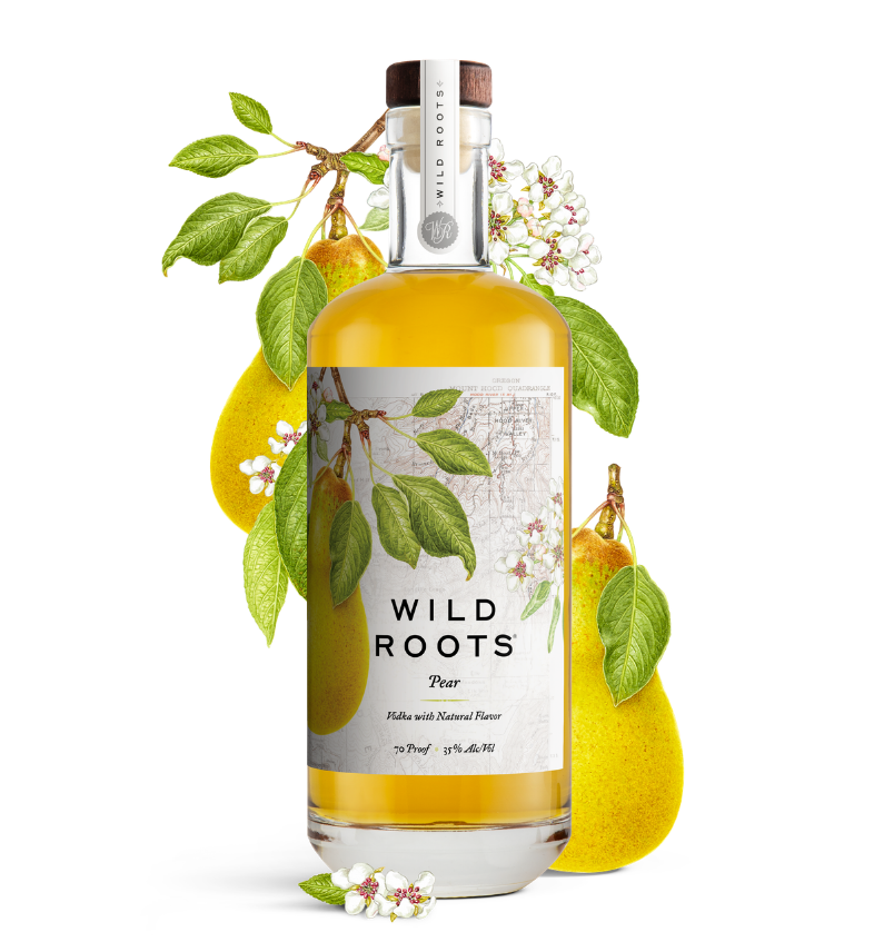 Bottle of Wild Roots Pear vodka with pear illustrations on a white background