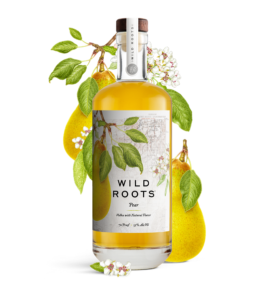 Bottle of Wild Roots Pear vodka with pear illustrations on a white background
